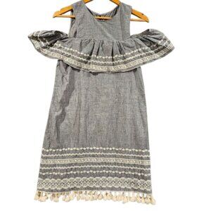 Mi Ami SZ S Shift Embroidered Beachy Boho Cold Shoulder Gray Dress W/Fringe